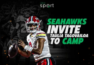 Promotional graphic of Taulia Tagovailoa in Maryland football gear, highlighting his invitation to the Seattle Seahawks rookie minicamp, with a dynamic background and vibrant text announcing the camp invite.