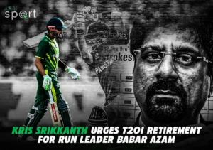 A composite image featuring Pakistani cricketer Babar Azam in a green uniform walking dejectedly with a bat, contrasted with a serious close-up of former Indian cricketer Kris Srikkanth.