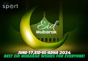 Graphic with a green crescent moon and mosque silhouette, featuring the text 'Eid Mubarak' and 'June 17, Eid-ul-Adha 2024: Best Eid Mubarak Wishes for Everyone!' against a dark green background