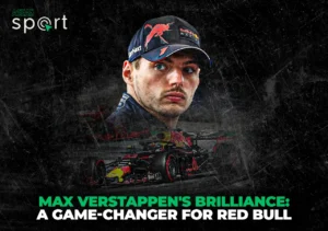 Max Verstappen, wearing a Red Bull Racing cap, with a focused expression, accompanied by an image of his Red Bull F1 car, highlighting his impact on the team's success.