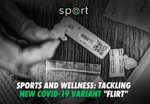 COVID-19 test kit on a wooden table with the ASEAN Sport logo and the text 'Sports and Wellness: Tackling New COVID-19 Variant "Flirt"' prominently displayed.