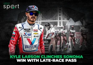 Kyle Larson celebrates his Sonoma win with a late-race pass, shown with his team and the Golden Gate Bridge in the background