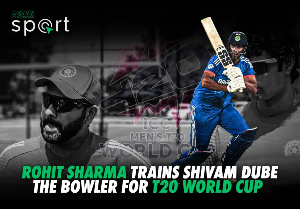 Rohit Sharma training Shivam Dube for the T20 World Cup, featuring the ASEAN Sport logo and text highlighting the preparation for the ICC Men's T20 World Cup.
