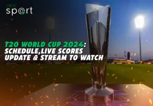 Image of the T20 World Cup 2024 trophy with the text 'T20 World Cup 2024: Schedule, Live Scores, Update & Stream to Watch' overlayed. The background features a cricket stadium under lights, capturing the excitement and anticipation of the tournament.