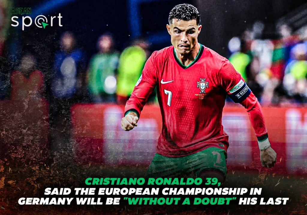 Cristiano Ronaldo, wearing Portugal's red jersey, on the field during a match, announces that Euro 2024 will be his last European Championship.