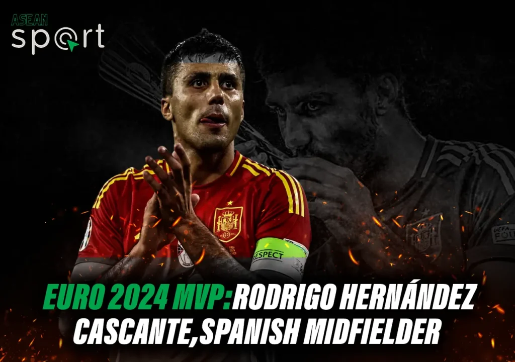 Rodri Hernández Cascante, Spanish Midfielder, Euro 2024 MVP in red Spain jersey, clapping with intense expression, Asean Sport logo in corner.