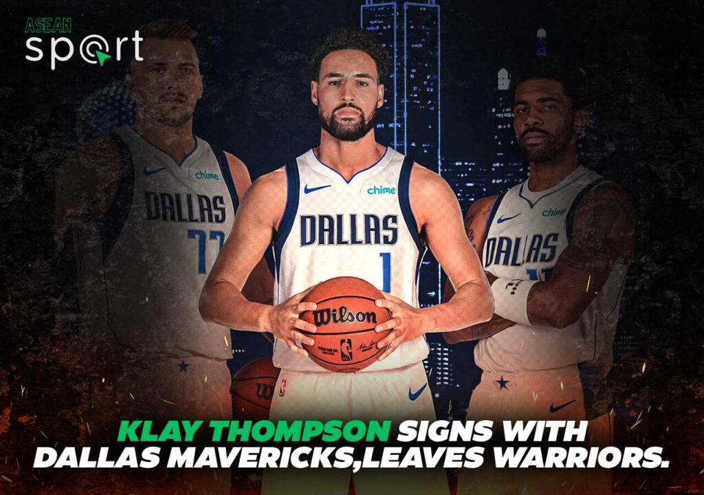 Klay Thompson in a Dallas Mavericks jersey, with Luka Doncic and Kyrie Irving in the background.