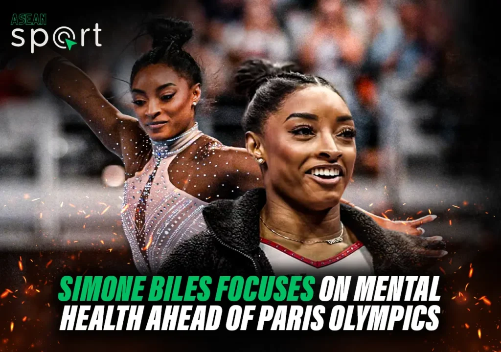 Simone Biles smiling in front, with an image of her performing in a gymnastics outfit in the background.