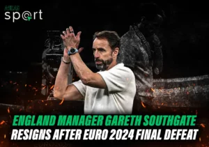 England football team manager Gareth Southgate applauding, with text stating his resignation after Euro 2024 final defeat.