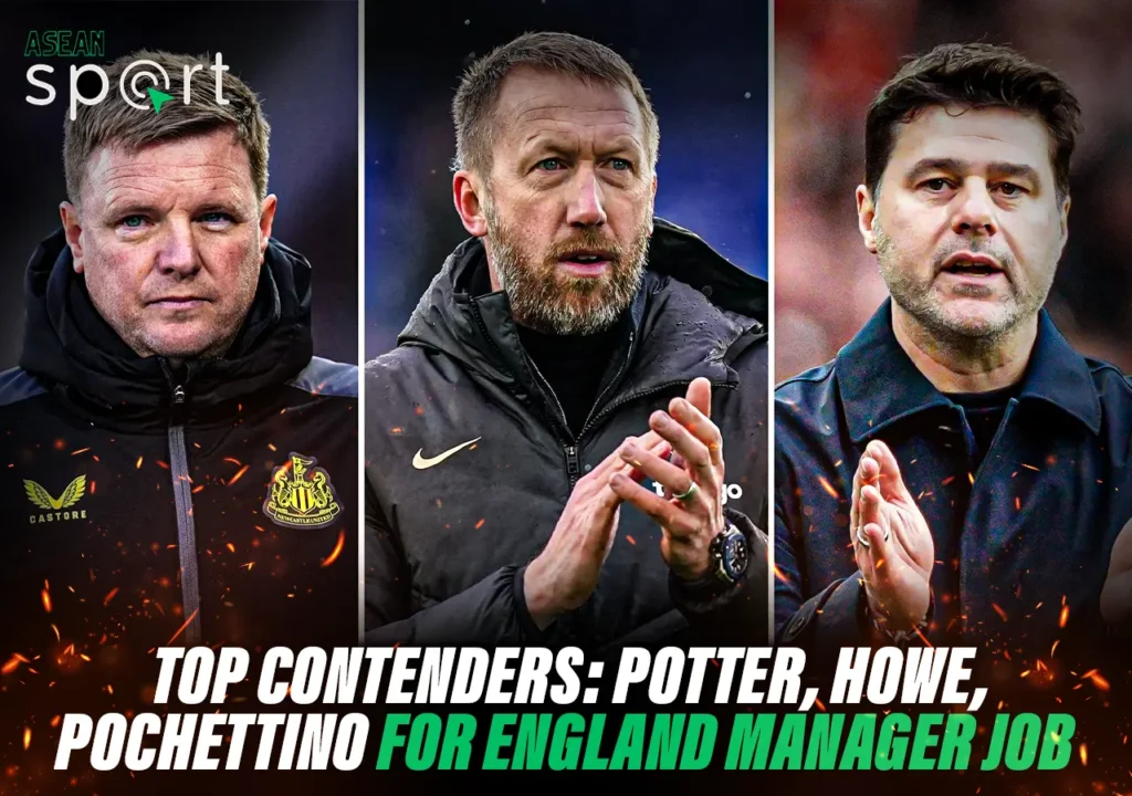 Top contenders for the England manager job: Eddie Howe, Graham Potter, and Mauricio Pochettino are featured in this image, showcasing the leading candidates being considered for the prestigious role. Each coach is shown in a side-by-side portrait, highlighting their potential to take over the national team.