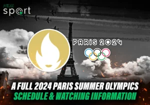 image for the Paris 2024 Summer Olympics featuring the Eiffel Tower, Olympic rings, and the ASEAN Sport logo, with jets flying overhead and text highlighting the full schedule and watching information